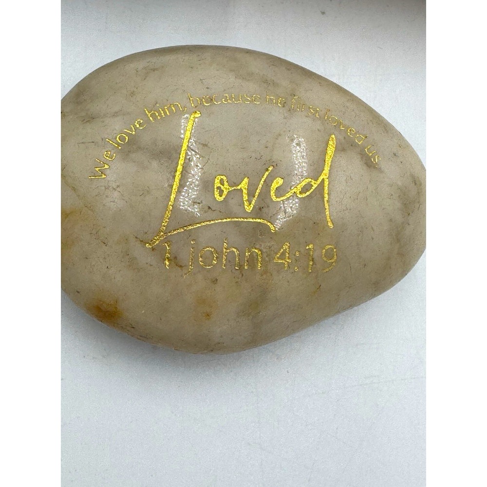 Loved 1 John 4:19 Gray/Gold Decorative Stone Paperweight Religious Decor